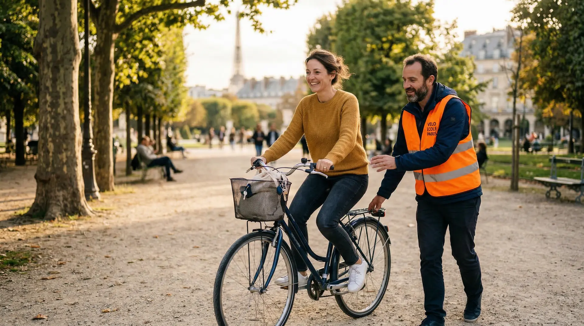 Cours de vélo à domicile en Île-de-France — une adulte apprend à pédaler dans un parc parisien avec un moniteur
